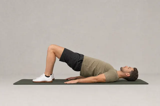 Glute bridge: lying on the back with knees bent, hips lifted off the mat.