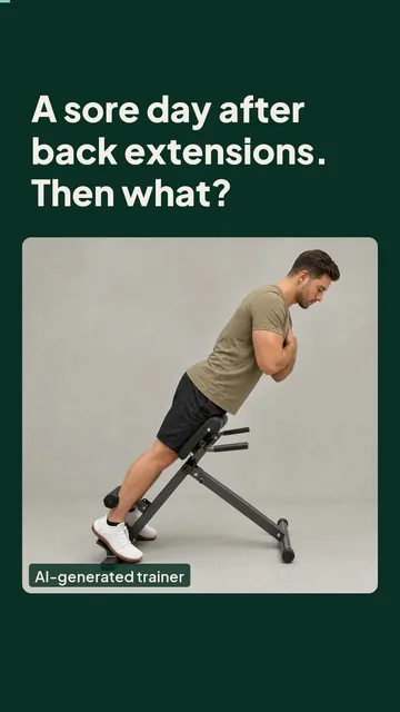Poster for the Short “A sore day after back extensions. Then what?”: an AI-generated trainer on a 45-degree back-extension bench.