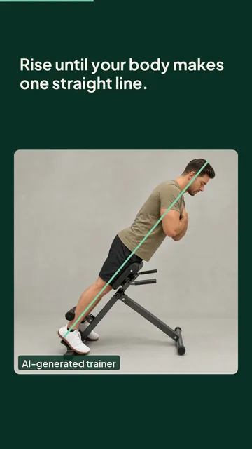 Poster for the Short “Where should a back extension stop?”: an AI-generated trainer on a 45-degree back-extension bench.
